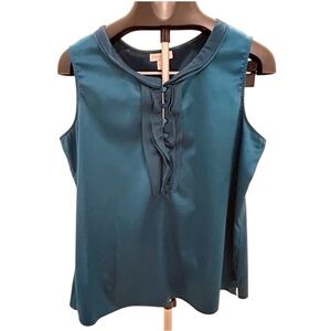 Charter Club stretchy satin Sleeveless ruffled Top Teal Green Size 14